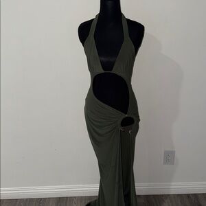 Olive Green Cutout Halter Maxi Dress